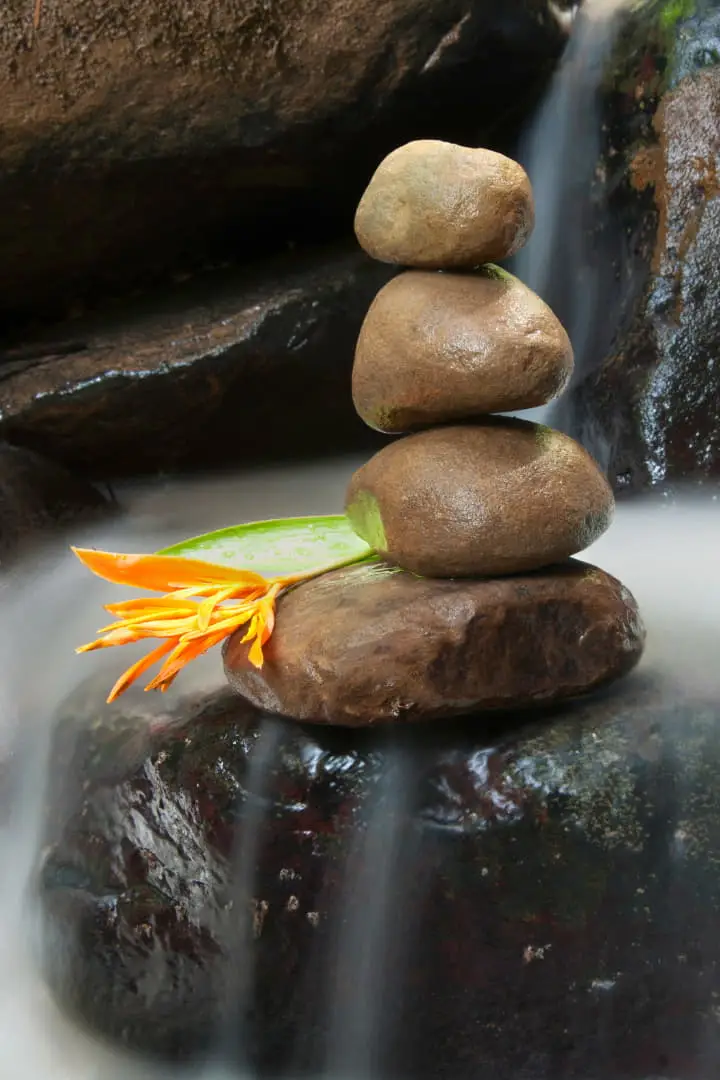 stacked rocks and a flower