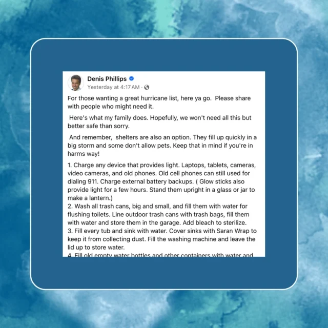We found this hurricane preparedness list by @denisphillipsabcweather so helpful and wanted to share it with you! 🌪️✨ Check out the full link in our bio. Stay safe, everyone! 🙏
.
#denisphillipsabcweather #hurricanehelene #hurricanemilton #floridahurricaneseason #community #hurricanepreparedness
